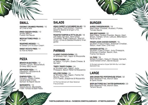 The St Kilda Branch Menu, Menu for The St Kilda Branch, St Kilda ...