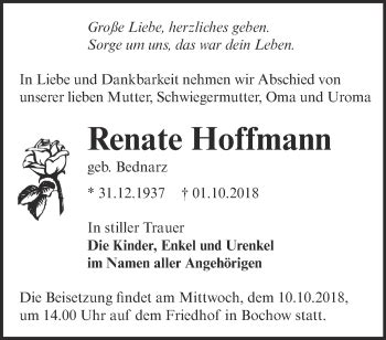 Traueranzeigen Von Renate Hoffmann M Rkische Onlinezeitung Trauerportal