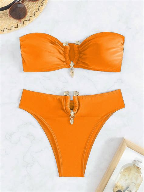 SHEIN Swim Metallic Decoration Solid Bandeau Bikini Set For Holiday Summer Beach Bathing Suit