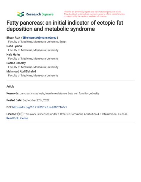 Pdf Fatty Pancreas An Initial Indicator Of Ectopic Fat Deposition