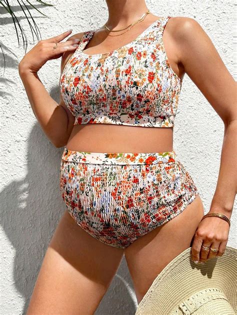 Komplet Marszczenia Kwiaty Z6N NF9 L Shein Ciążowy Strój Kąpielowy Bikini Ceny i opinie
