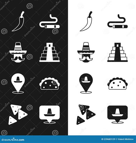 Set Chichen Itza In Mayan Mexican Man Sombrero Hot Chili Pepper Pod