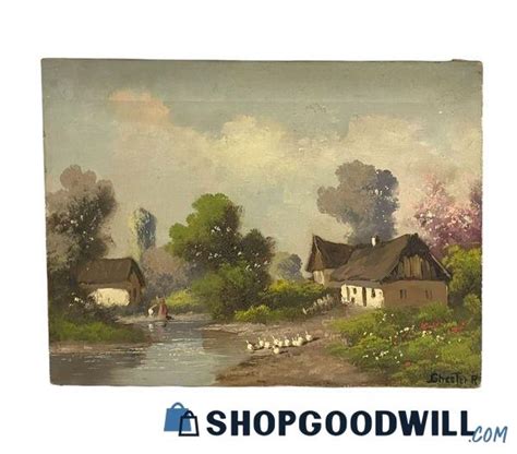 vintage original oil painting cottage  landscape  geese signed