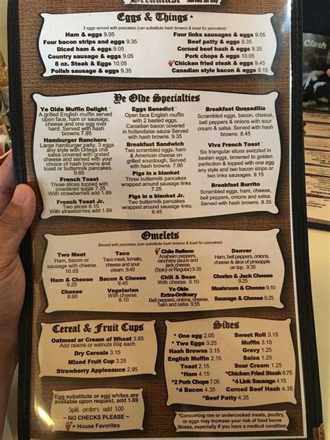 Menu at Ye Olde Pancake House restaurant, Eugene