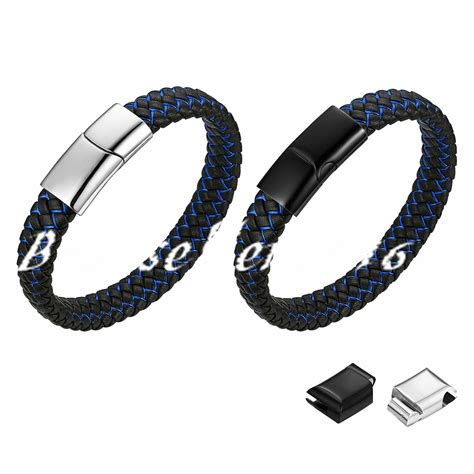 Men Black Blue Braided Leather Bracelet Steel Magnetic Clasp Cuff