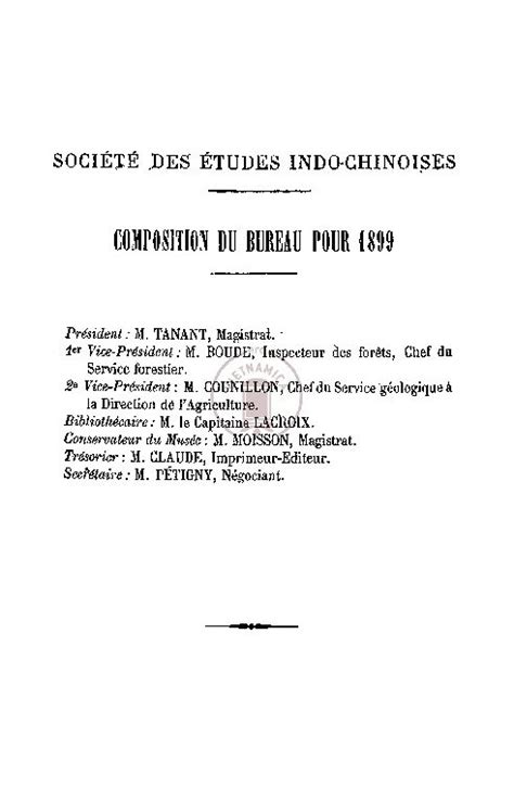 Bureau de la société des etudes indochinoises pour l année 1899