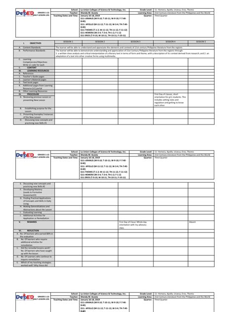 Grades 1 12 Daily Lesson Log Pdf Teachers Learning