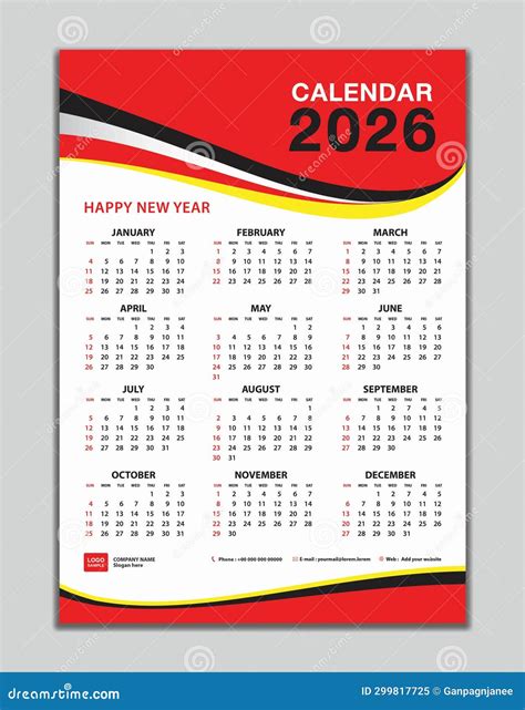 Wall Calendar Template Calendar Design Red Wave Background