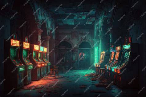 Premium Ai Image A Deserted Arcade Neon Lights Flickering And Casting