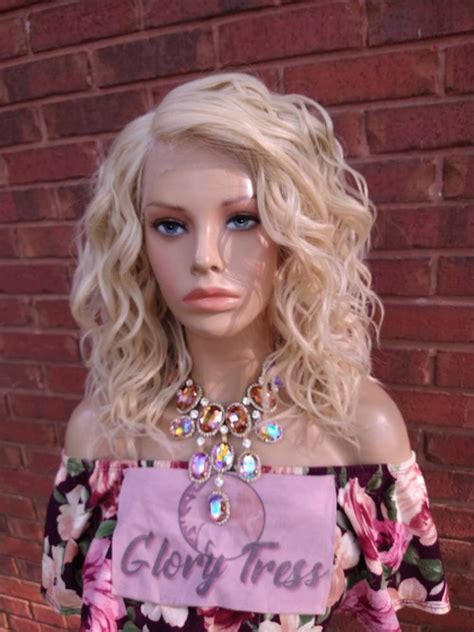 Platinum Blonde Wavy Lace Front Wig Bob Wig With Bangs HD Lace Etsy