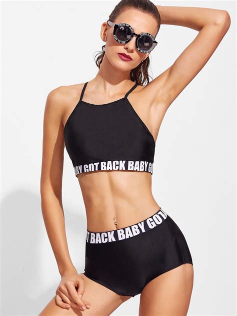 Letter Print High Waist Bikini Set Shein Sheinside