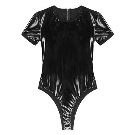 Men Sexy Lingerie Catsuit Wet Look Patent Pu Leather Sissy Bodysuit Zipper Leotard Bodysuit