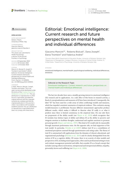 Pdf Editorial Emotional Intelligence Current Research And Future