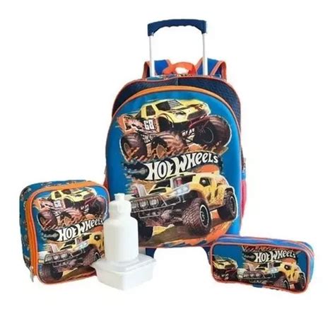 Kit Mochila Infantil Escolar Fogo Caveira Hot Wheels Rodinhas Tam M F Parcelamento Sem Juros