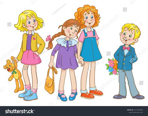 Three Cute Girls One Boy Bouquet Stock Illustration 1415436380