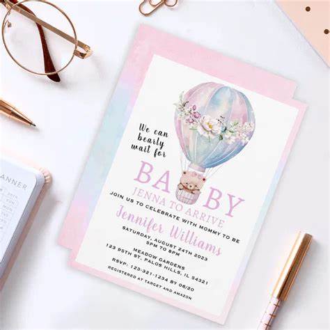 Hot Air Balloon Bear Girl Baby Shower Invitation Zazzle