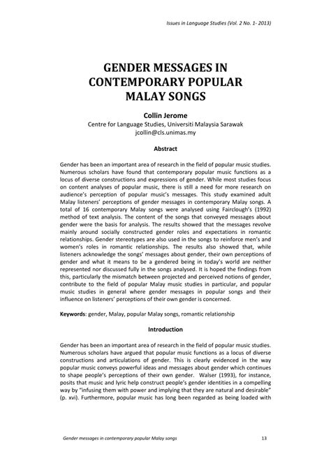 Pdf Gender Messages In Contemporary Malay Songs