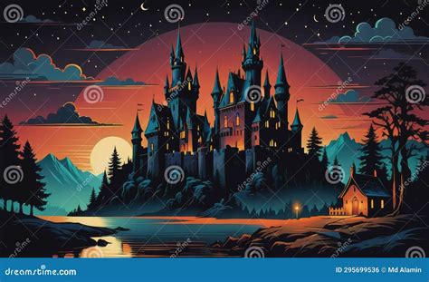 Nocturnal Majesty A Castle Enshrouded In Darkness Stock Illustration