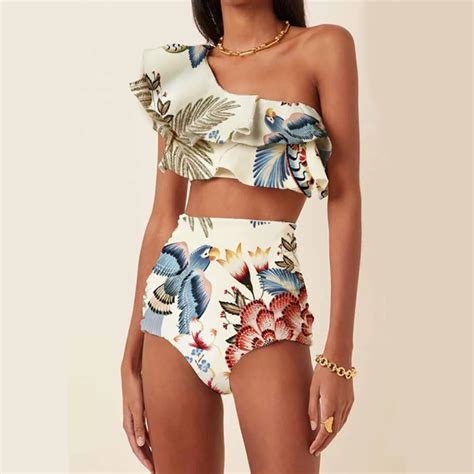 Ba Ador Vintage De Un Hombro Para Mujer Bikini Con Estampado De Flores Y P Jaros