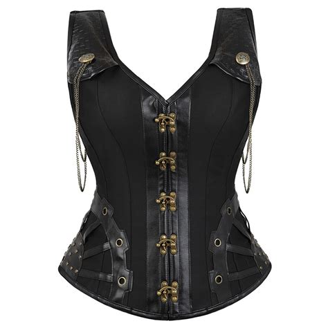 Uaang Corset Plus Size Black Gothic Corset Top With Straps Faux Leather Overbust Corset Lingerie