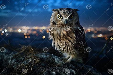 Portrait Of An Owl At Night With Defocused Bokeh Lights Of A City In