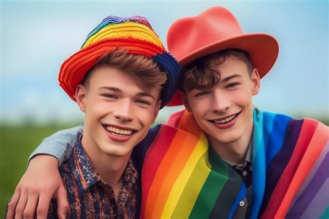 Um lindo casal gay feliz as cores do arco íris em um campo de flores mês do orgulho lgbtq