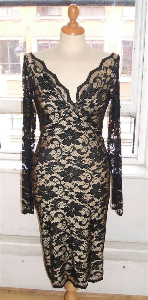 Baylis Knight Blackchampagne Nude LACE Long Sleeve Sexy TWIST Wiggle Dress EBay
