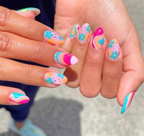 Short Nude Almond Nail W Blue Orange Pink Spiral Floral Design Trending Summer Nails