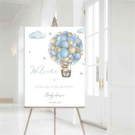 Editable Teddy Bear Hot Air Balloon Baby Shower Welcome Sign Etsy UK