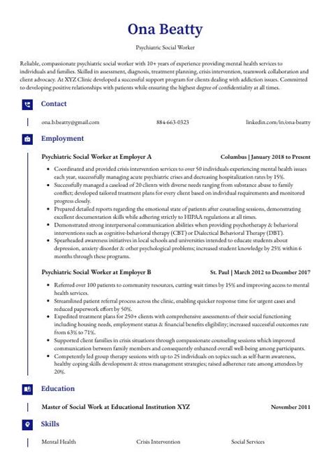 Psychiatric Social Worker Resume (CV) Example and Writing Guide