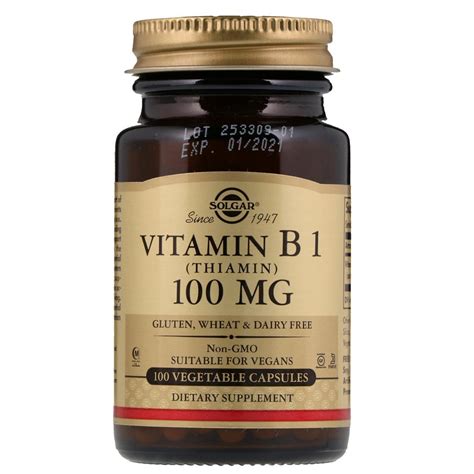 Тиамин (Vitamin B1), Solgar, Витамин В1, 100 мг,100 капсул (ID ...