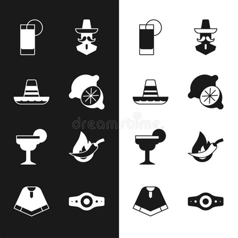 Set Lime Mexican Sombrero Tequila Glass With Lemon Man Margarita Cocktail Hot Chili Pepper