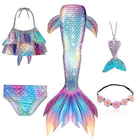 5 st set Flickor Mermaid Tail Baddräkt Barn Mermaid Ariel Cosplay Kostym Fantasy Beach Bikini