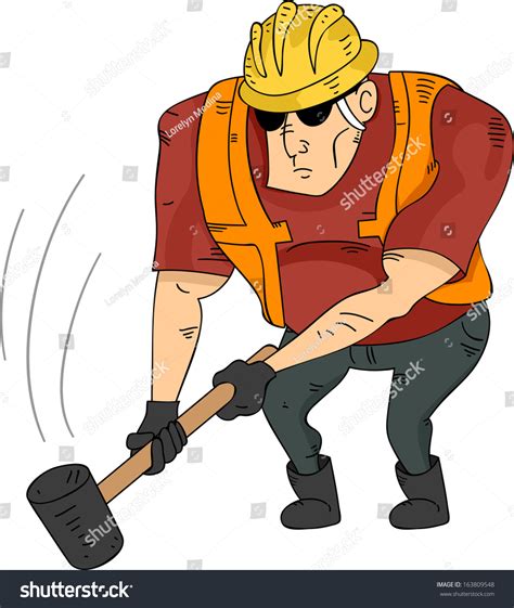 Illustration Muscular Construction Worker Holding Sledgehammer Stock