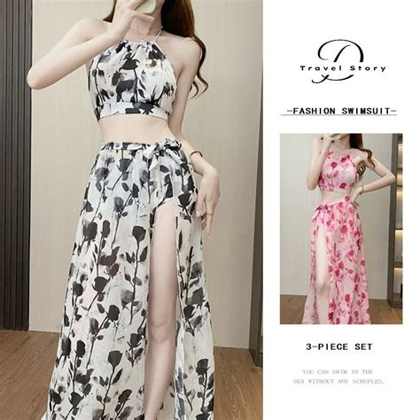 Women S Swimsuit Printed Long Skirt Bikini Three Piece Swimsuit Korean Style Fashion Sexy