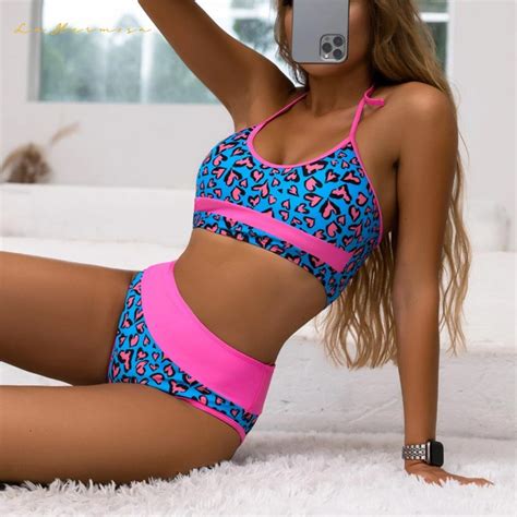 Sexy Women Two Piece Frenulum Bikini Swimsuit High Waist Contrasting Colors Purple Print Bathing