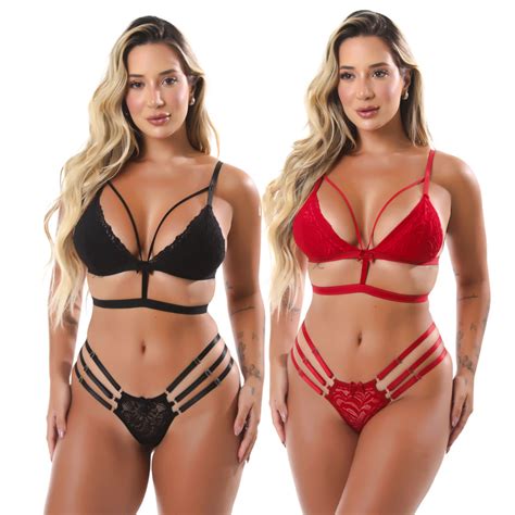 Kit 2 Conjunto Lingerie Sensual Sexy De Renda Sem Bojo 3 Tiras Shopee Brasil