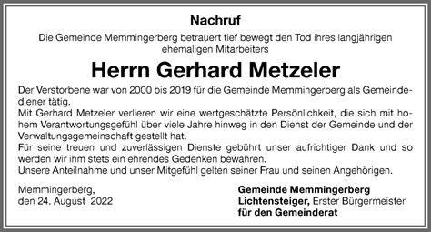 Traueranzeigen Von Gerhard Metzeler Allg Uer Zeitung