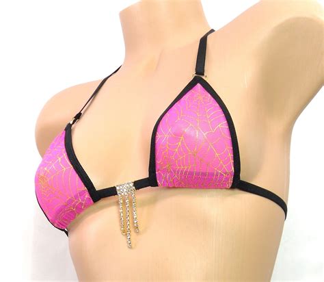 Micro G String Bikini Gold Metallic Foil Spiderweb On Hot Pink Mesh Black Trim S M Etsy