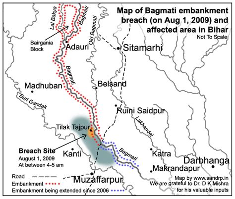 Map showing the site where river Bagmati breached its embankments in Sitamarhi, Bihar in 2009 ...