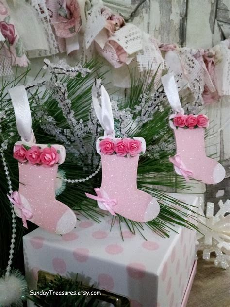 Set 3 Pink Stockings Christmas Ornaments / Shabby Pink Roses / - Etsy