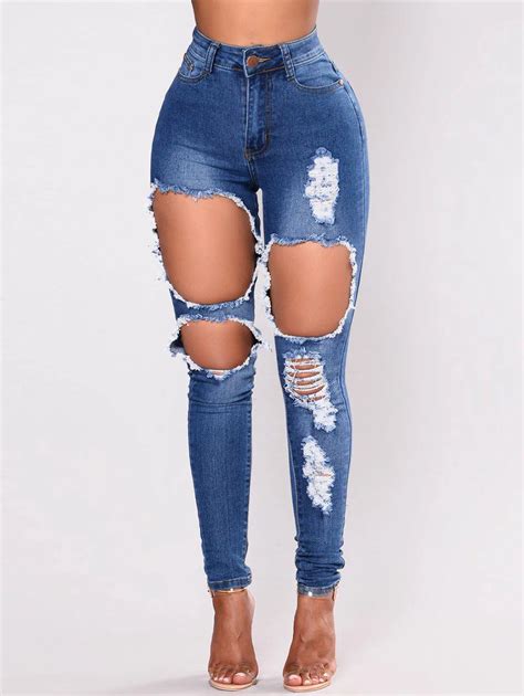 Wipalo Womens Casual High Waisted Skinny Destroyed Ripped Hole Jeans