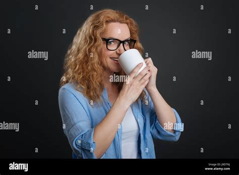 Starting The Day Stunning Active Pretty Woman Sipping Hot Drink From A Cup She Holding While