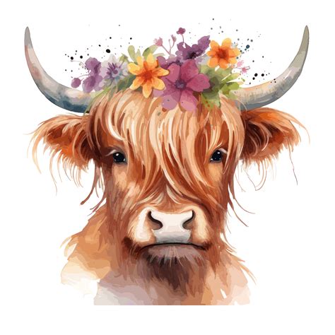 Cute Highland Cow Wearing Flower Crown Watercolor Png