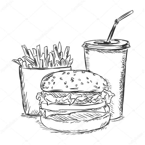 Vector Sketch Illustration Fast Food French Fries Soda Burger