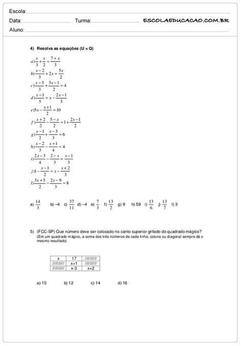 Atividades de Matemática 7º ano - Atividades Educativas - Escola Educação