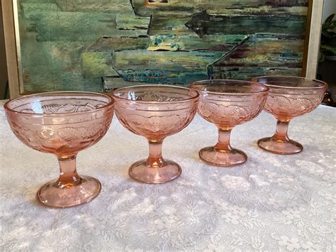 Pink Depression Pressed Glass Fruit Pudding Sherbert Footed Cups