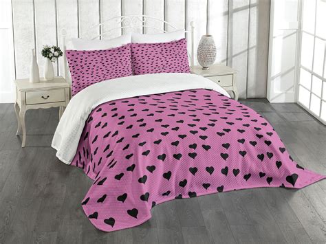 Ambesonne Hot Pink Quilted Bedspread Set 3 Pcs Black Hearts Romantic Queen Size Fuchsia Black