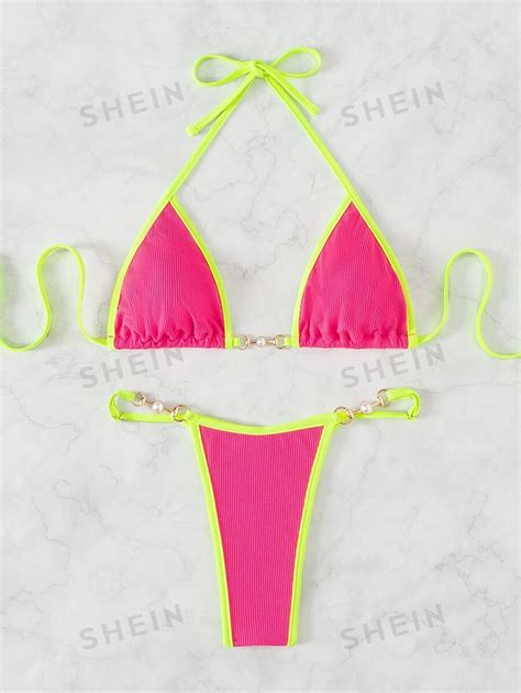 Shein Vcay Conjunto De Bikini Con Decoraci N De Perlas Acanaladas Traje De Ba O De Piezas Con