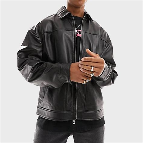 Oversized Black Leather Zipper Jacket For Mens Danezon